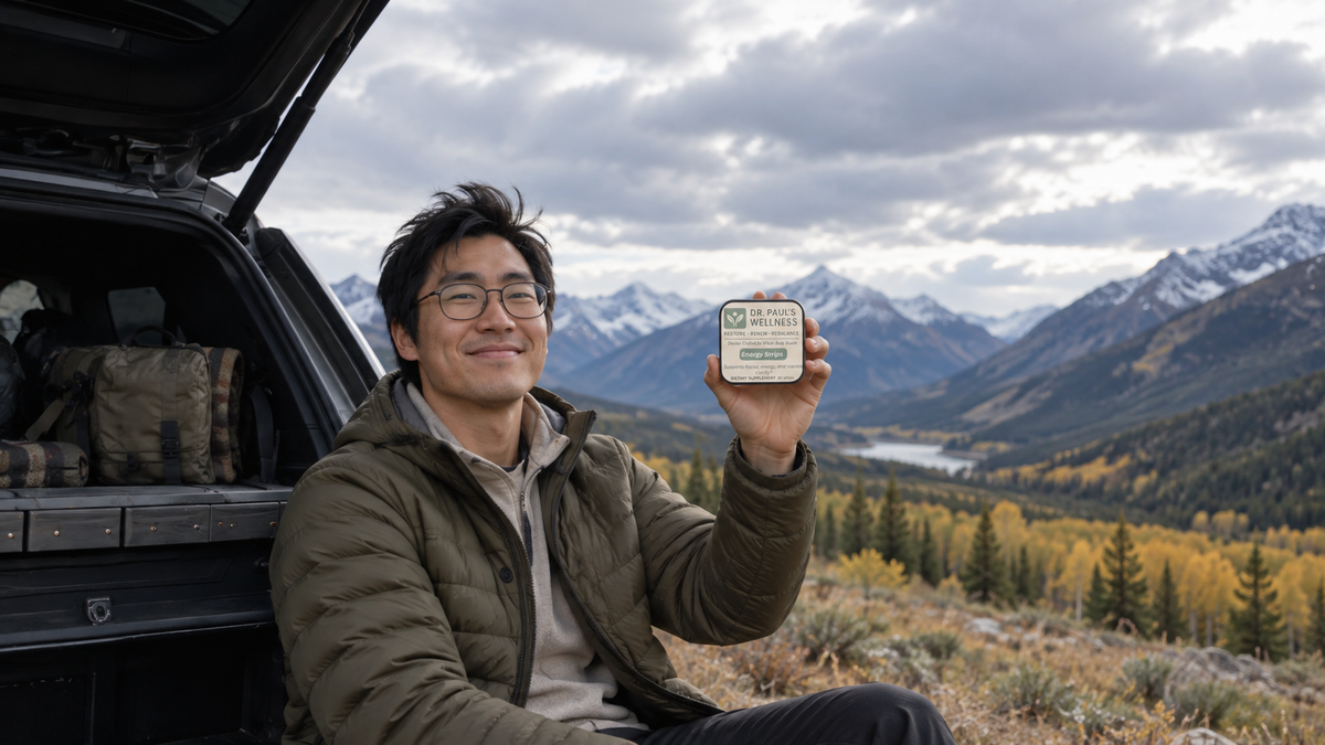 Traveler holding Dr. Paul’s Wellness Energy Strips in a mountain setting