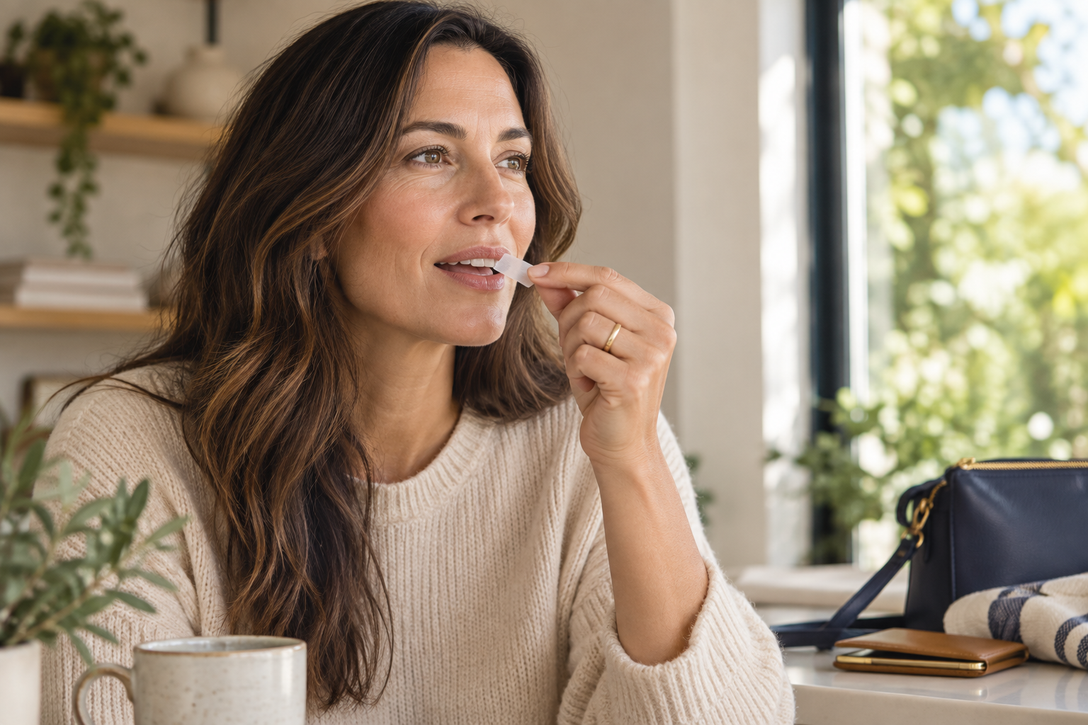 Woman using a dissolvable Dr. Paul’s Wellness oral strip at home
